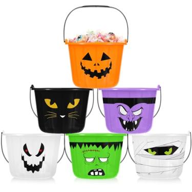Imagem de Qilery 6 peças Tioncy baldes de doces ou travessuras de Halloween com alça Jack O Lantern Cesta de doces Baldes de plástico de abóbora de Halloween para eventos de doces ou travessuras suprimentos de