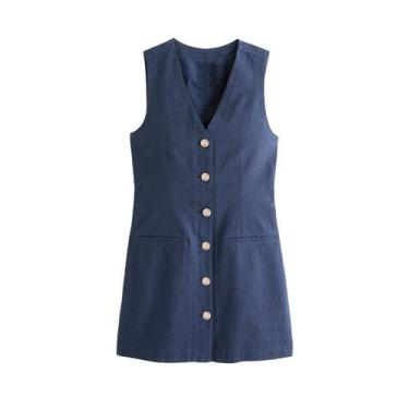 Imagem de Vestido feminino IMCTAH: algodão, linho, decote em V, sem mangas, azul