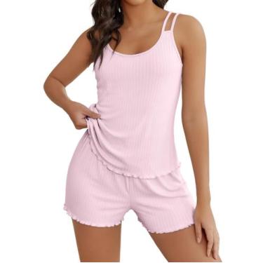 Imagem de Conjunto de pijama Ekouaer, camiseta regata feminina de malha canelada