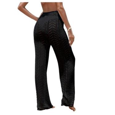 Imagem de Calças de praia RoseSeek femininas com cordão oco, pretas