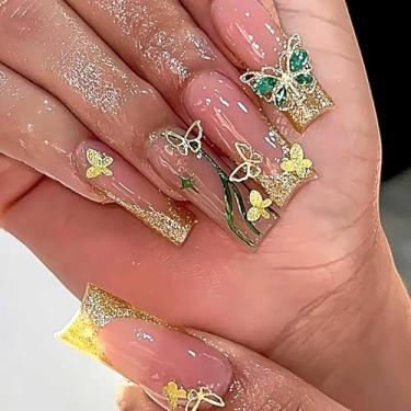 Imagem de Rilafuvu Pregos postiços de caixão de pressão longa, cola em unhas 3D borboleta e strass, unhas de acrílico douradas, pontas francesas douradas, unhas artificiais com glitter para mulheres e meninas
