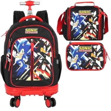 Imagem de Mochila Infantil Rodinha Sonic com Lancheira e Estojo 100 Pens Vermelho