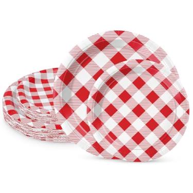 Imagem de LIKAJON 50 peças de pratos de papel xadrez vermelho e branco, 25 peças de 23 cm e 25 peças de pratos de sobremesa descartáveis de 17 cm para Natal, chá de bebê, aniversário, formatura, piquenique