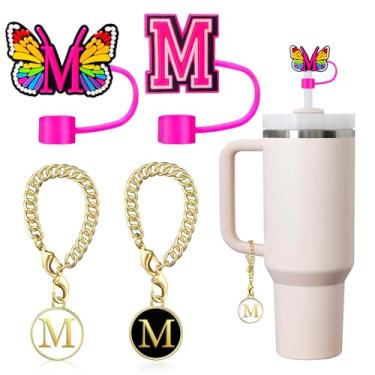 Imagem de VUICCI (2+2) Capa de canudo 10 mm e pingentes de letra inicial acessórios para copo Stanley Tumbler, tampa de palha nome ID personalizado para copo Stanley 30 e 1,134 g copo