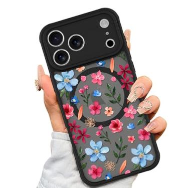 Imagem de AIGOMARA Capa Magnética Feita para iPhone 17 Pro Max [Compatível com MagSafe] Linda Flor Rosa Azul Padrão Floral TPU Macio Amortecedor Rígido PC Traseira Antiqueda À Prova de Choque Capa Fina para
