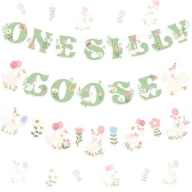 Imagem de Fullhawl One Silly Goose Banner Decorações de primeiro aniversário Silly Goose Guirlanda de aniversário com glitter flor decoração de papel para verão fazenda animal chá de bebê suprimentos de festa