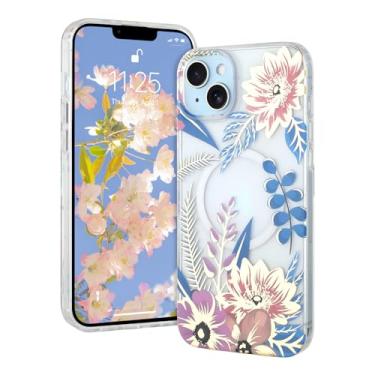 Imagem de AIGOMARA Capa magnética para iPhone 15 [compatível com MagSafe] Design com estampa floral transparente, fina, antiamarelamento, à prova de choque, para mulheres e meninas, flor