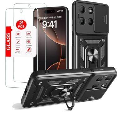 Imagem de Anvzle Capa para Motorola Moto G15 com [pacote com 2] protetor de tela de vidro temperado, para Moto G15, capa protetora resistente [grau militar], com suporte magnético capa preta para celular