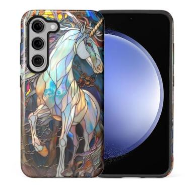 Imagem de CARLOCA Compatível com Samsung Galaxy S23 Plus Capa protetora de corpo inteiro brilhante para meninas meninos à prova de choque moda estética padrão colorido vitral branco unicórnio