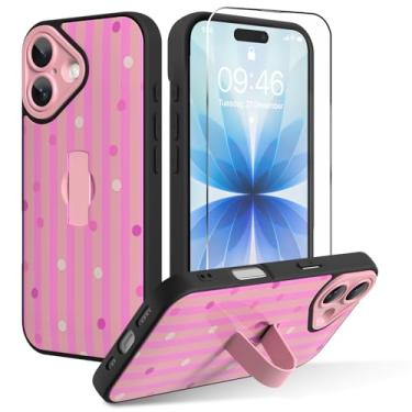 Imagem de OOK Capa para iPhone 17 com protetor de tela, linda capa de telefone com listras rosa de bolinhas com alça de dedo ajustável, proteção total para mulheres e meninas