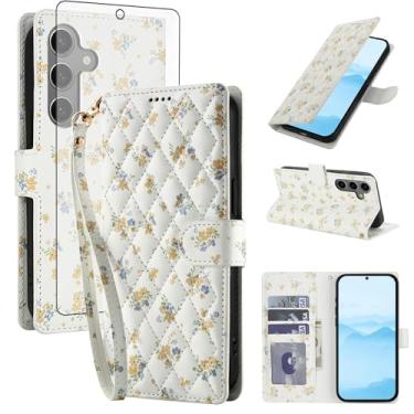 Imagem de Asuwish Capa de celular para Samsung Galaxy S24 FE 5G carteira celular com protetor de tela de vidro temperado porta-cartão de flor suporte de borracha S 24 EF AI S24FE 24S mulheres homens flores