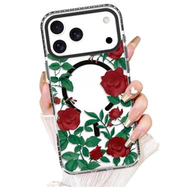 Imagem de AIGOMARA Capa floral para iPhone 17 Pro [compatível com MagSafe] Padrão de flor rosa vermelha com capa de telefone transparente para mulheres Gilrs Soft TPU e PC Capa protetora traseira fina