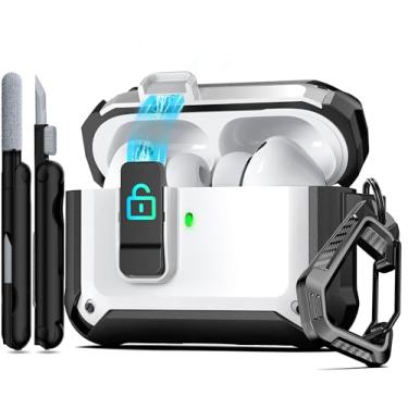 Imagem de RFUNGUANGO Capa protetora para AirPods Pro 3ª geração, com clipe de trava de segurança e capa pop-up automática, capa rígida à prova de choque para AirPods Pro 3 (2025) - branca