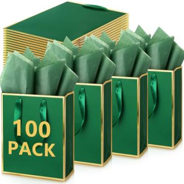 Imagem de Yeaqee Pacote com 100 sacos de presente metálicos com alça e papel de seda verde dourado bolsa de boas-vindas para convidados de casamento, festa de outono, Natal, dama de honra, chá de bebê