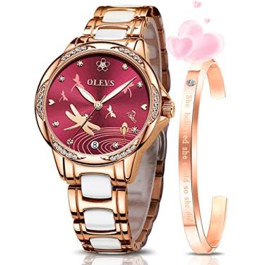 Imagem de OLEVS Relógios femininos automáticos mecânicos automáticos ouro rosa relógio feminino pulseira de cerâmica à prova d'água relógio de pulso feminino, Mostrador de libélula e ouro rosa vermelho