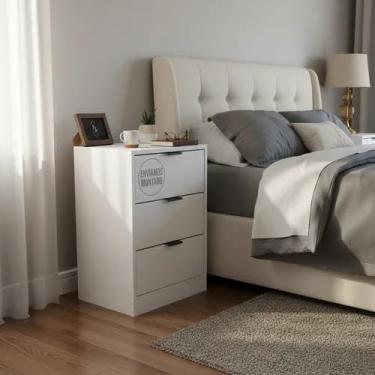 Imagem de Mesa De Cabeceira Branca 40cm com 3 Gavetas Para Quarto Lateral de Cama e Escritório Gaveteiro Organizador Já Montado (Sem Rodinhas, Puxador Preto)
