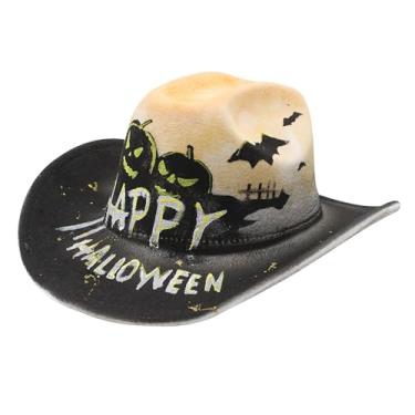 Imagem de NICEYST Chapéu de cowboy de Halloween para mulheres e homens, chapéu de caubói divertido de feltro de abóbora vampiro morcego fantasma caveira estampa de esqueleto