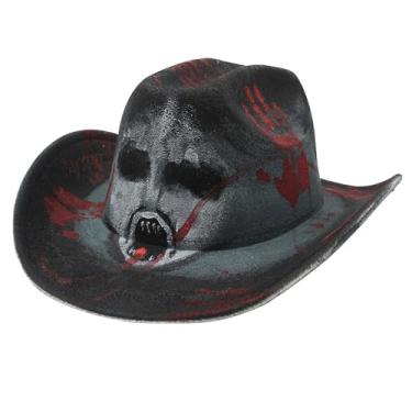 Imagem de NICEYST Chapéu de cowboy de Halloween para mulheres e homens, chapéu de caubói divertido de feltro de abóbora vampiro morcego fantasma caveira estampa de esqueleto, Vampiro, tamanho �nico