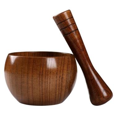 Imagem de Conjunto de almofariz e pilão, pote de alho batido, almofariz, moedor de madeira antigo, redondo, liso, polido, conjunto de pilões para moer, ervas, especiarias, grãos, pimenta