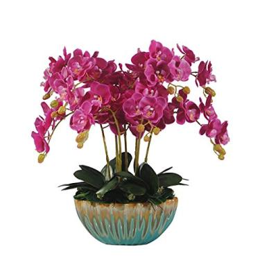 Imagem de DCYEQRQ Flor artificial grande Phalaenopsis Arranjo de plantas artificiais orquídeas de seda sintética decoração com vaso de cerâmica, decoração requintada para casa e escritório, flor artificial