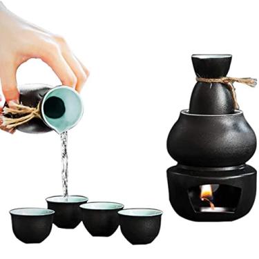 Imagem de JOEUQK Conjunto de saquê de 7 peças, conjunto de saquê de cerâmica tradicional com panela quente, incluindo 1 panela de saquê, 4 copos de saquê, 1 forno de aquecimento, 1 panela térmica, copos de