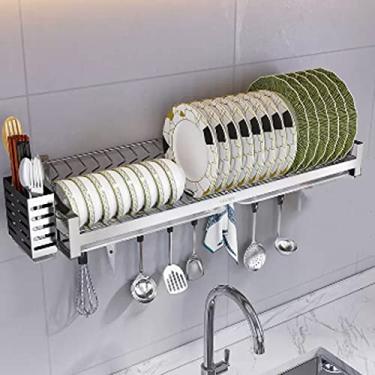 Imagem de AKALNNB Escorredor de pratos para balcão de cozinha, escorredor de pratos de aço inoxidável com suporte removível de talheres suporte de utensílio (prata 54,5 x 23 x 12 cm) (prata 49,5 x 23 x 12 cm)