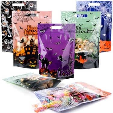 Imagem de 60 unidades de sacolas de presente de plástico para Halloween, bolsa de presente de outono infantil com alças de doces ou travessuras, bolsa de abóbora para Halloween, outono, aniversário