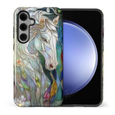 Imagem de CARLOCA Compatível com Samsung Galaxy S24 Capa protetora brilhante de corpo inteiro para meninas meninos à prova de choque moda estética padrão branco cavalo 3D vitral