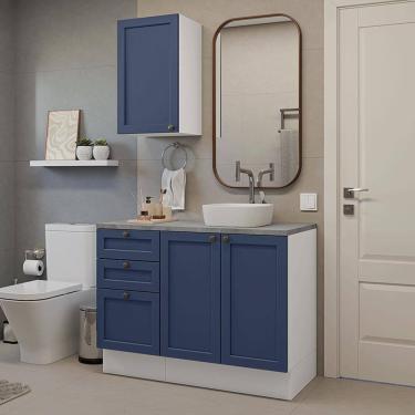 Imagem de Conjunto Gabinete para Banheiro 110cm 3 Gavetas 3 Portas Branco/Azul Vik Madesa 01