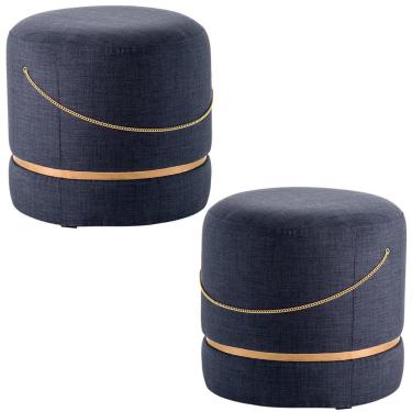 Imagem de Kit 2 Puffs Decorativos Redondos Ryu Azul/Dourado - Gran Belo