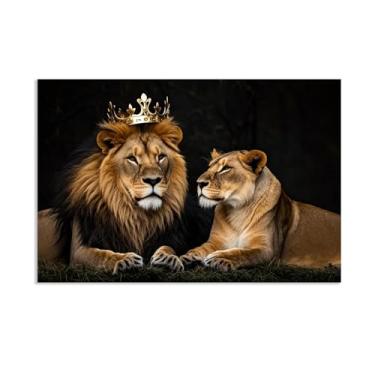 Imagem de SDYJ6GSW Pôster em tela de rei leão com coroa dourada casal leão arte de parede rei e rainha com coroa dourada impressões de animais preto e branco decoração de parede 75 x 50 cm (30 x 20 pol) pôster