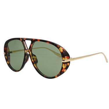Imagem de Óculos de sol femininos grandes aviador retrô moderno óculos de sol lentes laranja grandes óculos de sol vintage, Armação leopardo dourada/lente verde, 62MM