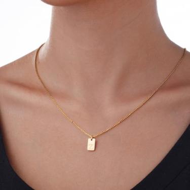 Imagem de Colar quadrado com inicial banhada a ouro, pingente não manchado em corrente fina, joia delicada personalizada para mulheres, F, Aço inoxidável, Sem Pedra Preciosa