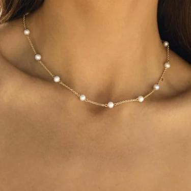 Imagem de Colar gargantilha feminina pequena com pérola dourada delicada corrente de ouro simples, minimalista, pérolas de água doce, joias feitas à mão, presentes de noiva, Medium, Aço inoxidável, Sem Pedra