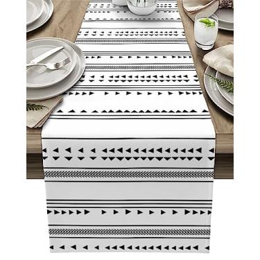 Imagem de Caminho de mesa Boho caminho de mesa 33 x 183 cm listras geométricas longas preto branco corredor de jantar cozinha decoração de mesa de jantar para decoração de festa em casa