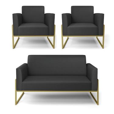 Imagem de Sofá Namoradeira Com 2 Poltronas Base Industrial Alta Dourado Marisa Corino D03 - D\'rossi Cor Preto