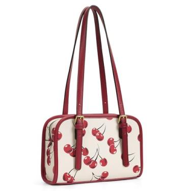 Imagem de Bolsa de ombro vermelha para mulheres, bolsa de couro, com zíper, bolsa bordô, com pingente de cereja, Estampa cereja - sem chaveiro