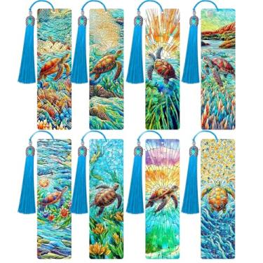 Imagem de HTTDMY 8 peças de marcadores artísticos de pintura de diamante, lindos marcadores de livro de acrílico, kits de artesanato presentes com borlas para mulheres adultas amantes de livros (tartaruga)