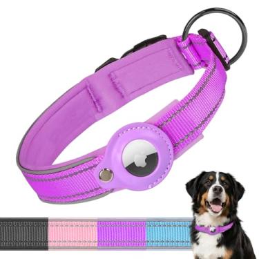 Imagem de Coleira para cães AirTag atualizada 2025, coleira de couro com suporte para AirTag, ajustável, respirável, macia acolchoada Apple Air Tag para cães pequenos, médios e grandes, (roxo, P)