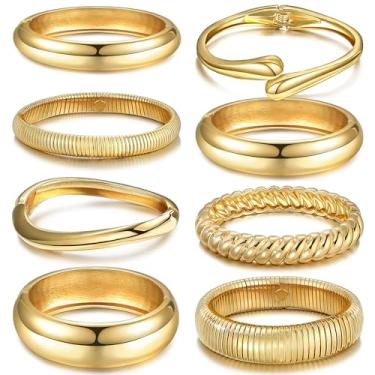 Imagem de FEYIR Conjunto de 8 pulseiras femininas grossas douradas modernas com punho elástico torcido