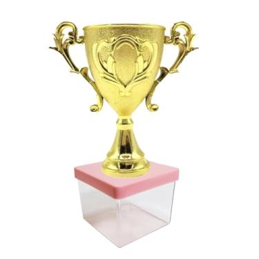 Imagem de Kit Lembrancinha Tema Futebol: Caixinha Acrílica Quadrada + Mini Troféu Dourado Decoração Mimos Festa Campeão (10 Troféu 10 Caixa 5x5 Tampa Rosa)
