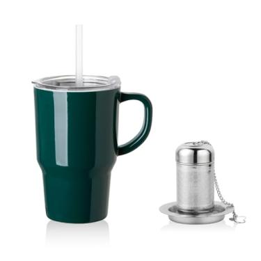 Imagem de Sweejar Xícara de chá de cerâmica com tampa, caneca de café portátil de 473 ml, caneca de viagem para lava-louças com infusor, xícara de chá reutilizável para suporte de copo de carro, amantes de chá