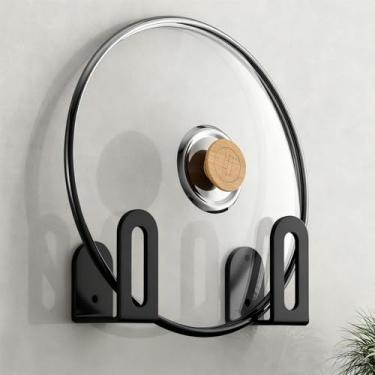 Imagem de Organizador de tampa de panela montado na parede, suporte para tábuas de corte, organizador universal de metal preto para armazenamento de cozinha, suporte de tampa adesivo para economia de espaço