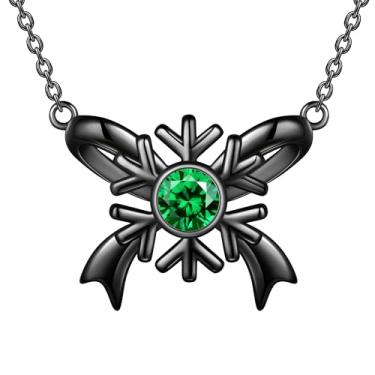 Imagem de beautlace Colar com laço banhado a prata/preto, joia festiva de Natal com pingente de floco de neve com pedra do mês de nascimento para mulheres, filhas, amigas KP0255, One size, Cobre, Zircônia