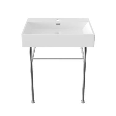 Imagem de DeerValley Pia de banheiro retangular de 76 x 43 cm, suporte livre com pernas de aço inoxidável prateado, pia de banheiro com transbordamento, DV-1CS0118A