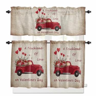 Imagem de Conjunto de 3 peças de cortinas de cozinha para dia dos namorados, conjunto de cortinas vermelhas para janela de caminhão, rosa, rosa, vintage, com bolso para varão, decoração de dia dos namorados