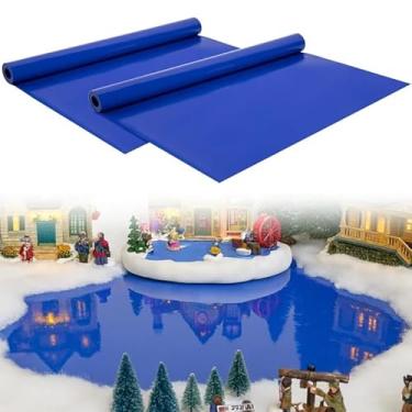 Imagem de Wehhbtye 2 peças de tapete de exibição de oceano de vila natalina de 159 x 38 cm, tapete de oceano em miniatura de vila de Natal, decoração de PVC para mini cenários de paisagem de férias acessórios