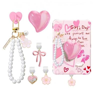 Imagem de Conjunto de pingentes de 6 peças compatível com Kindle, acessórios incluindo plugue antipoeira tipo C/USB C, corrente de pingente com gancho, suporte de coração rosa, compatível com Kindle Paperwhite