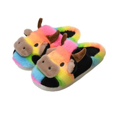 Imagem de Pantufas de vaca para mulheres e homens – Pantufa de pelúcia macia antiderrapante, sapatos felpudos quentes de inverno com espuma viscoelástica confortável, arco-íris, Arco-íris, 5.5-6.5 Women/4.5-5.5
