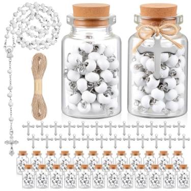Imagem de Ferreve 24 conjuntos de contas de batismo de garrafa de rosário, conjunto de lembrancinhas de batismo, colar de contas de madeira perfumada, presentes de festa de primeira comunhão para Recuerdos De